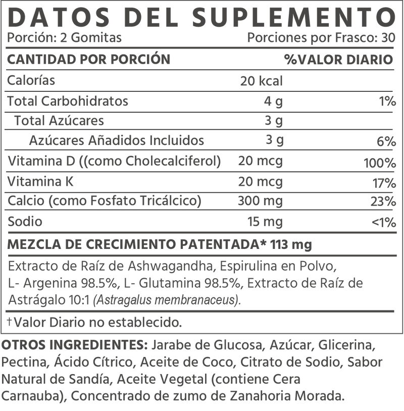 TruHeight Gummies Spanish Supplement Facts