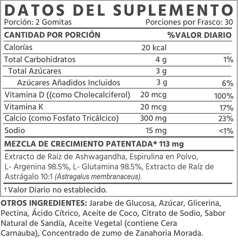 TruHeight Gummies Spanish Supplement Facts
